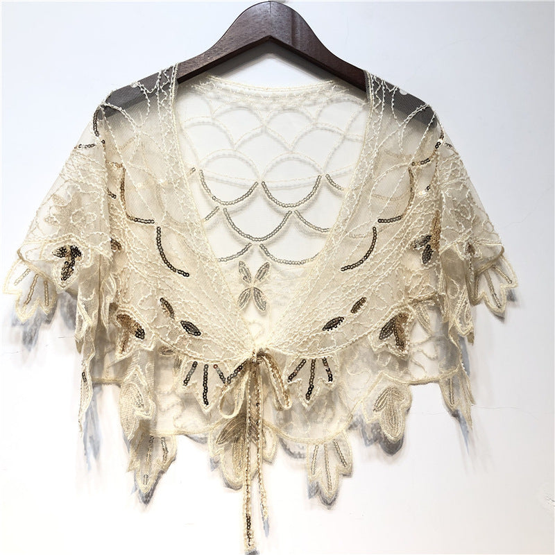 Women's Beaded Capelet Sequin Mesh Evening Shawl Cover Up Wrap
