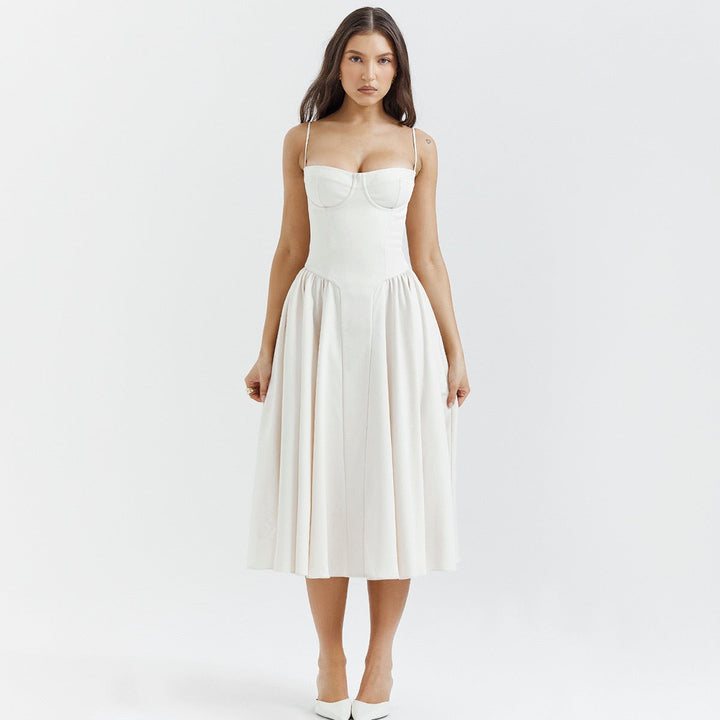 Women's Corset Midi Dress Bustier Bodice Fit and Flare Cocktail