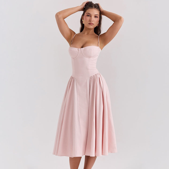 Women's Corset Midi Dress Bustier Bodice Fit and Flare Cocktail