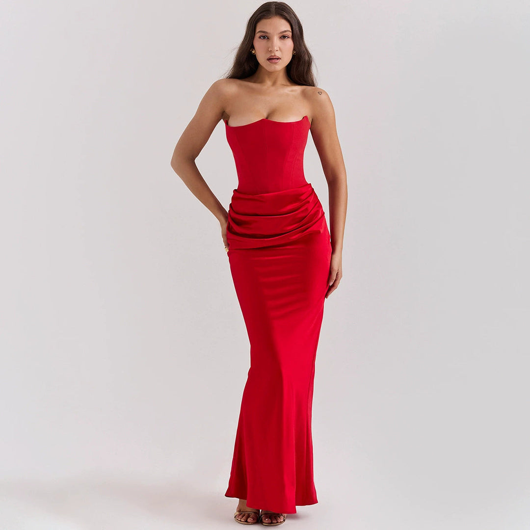Women's Satin Maxi Dress Strapless Corset Bodice Draped Bodycon