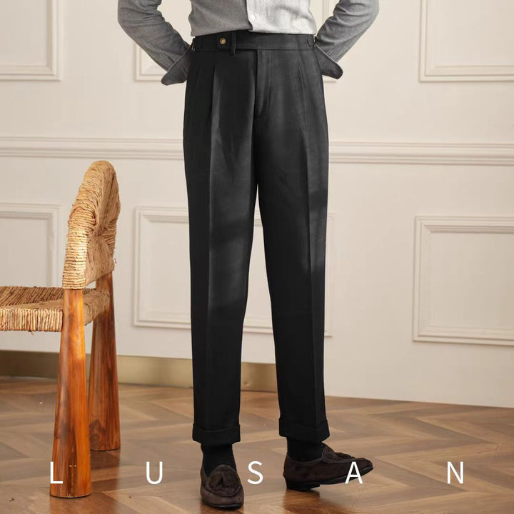 Men's High Waist Double Pleat Trousers Tab Waist Cuffed Hem Wide Leg Dress Pants