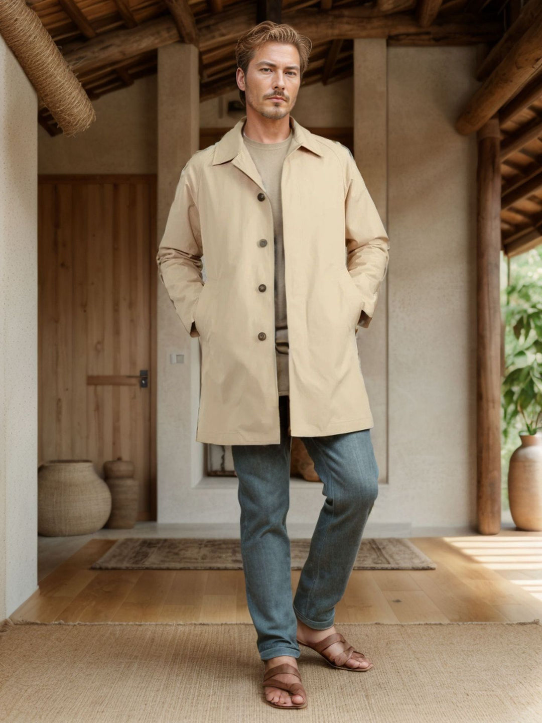 Men's Mac Coat Single Breasted Button Front Raincoat Mid Length Casual Overcoat