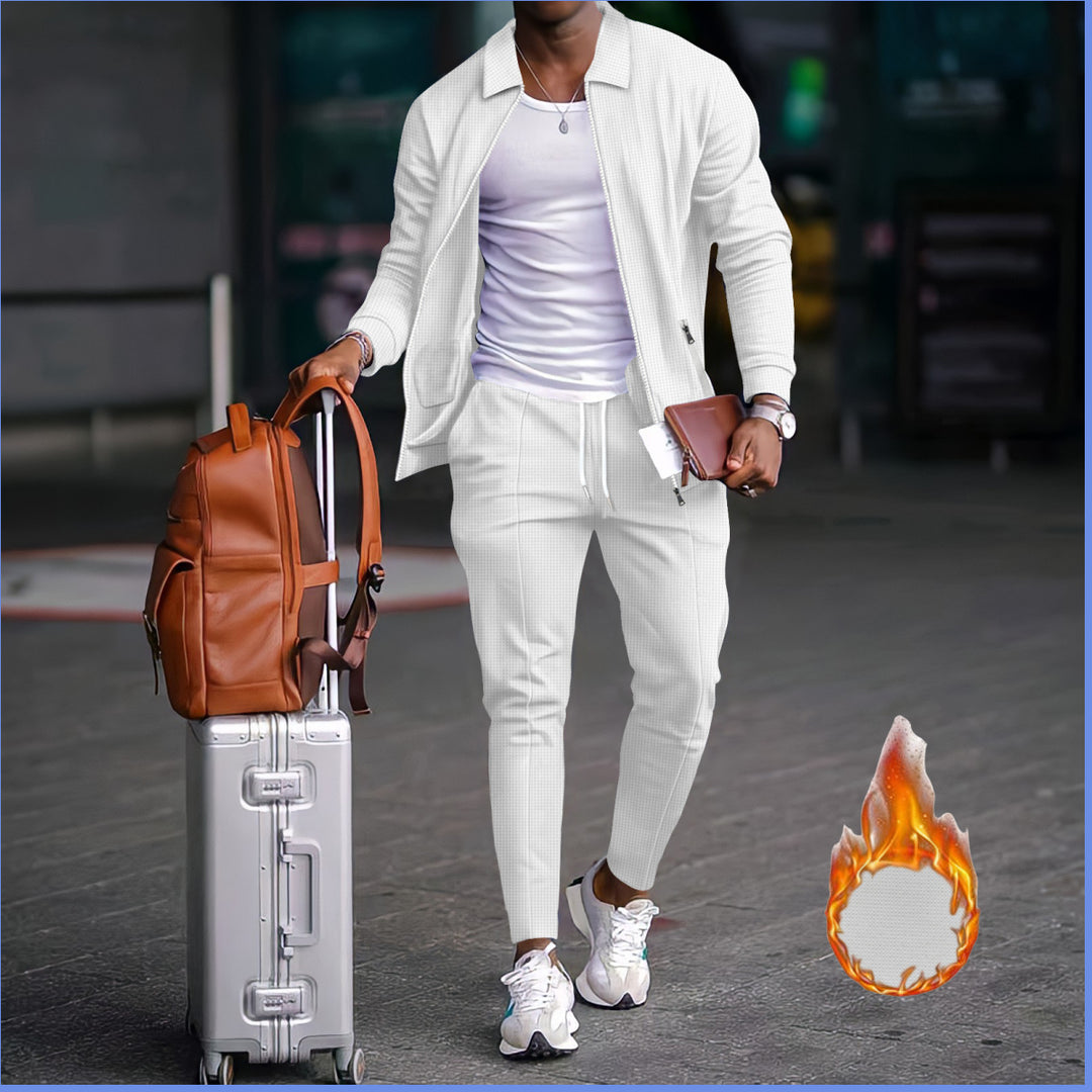 Men's Waffle Texture Zip Jacket Slim Jogger Co-Ord Set Athleisure Two Piece Suit