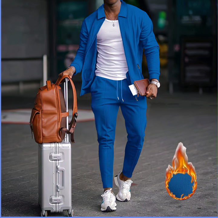 Men's Waffle Texture Zip Jacket Slim Jogger Co-Ord Set Athleisure Two Piece Suit