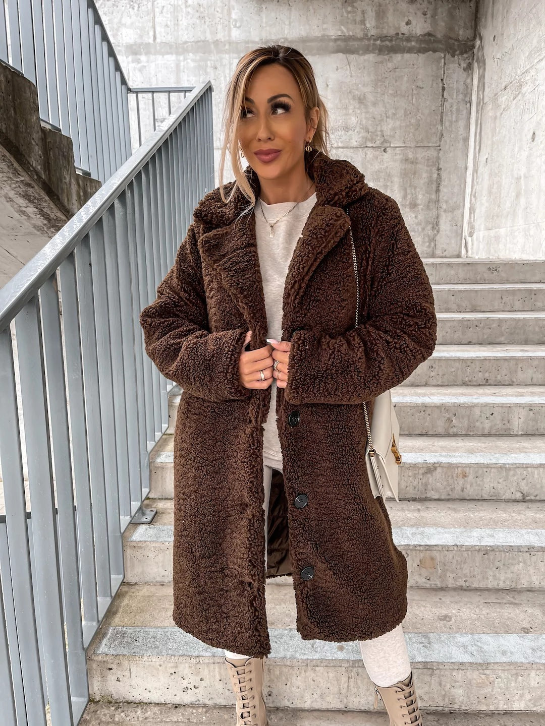 Women's Teddy Bear Coat Faux Shearling Button Up Lapel Long Warm Winter Jacket