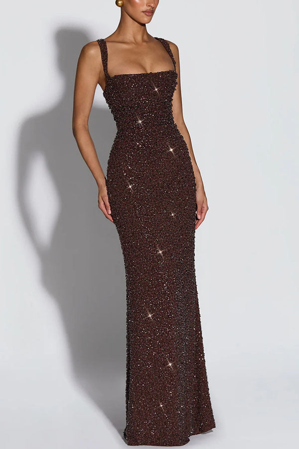Women's Sequin Bodycon Maxi Dress Sleeveless Square Neck Formal Gown
