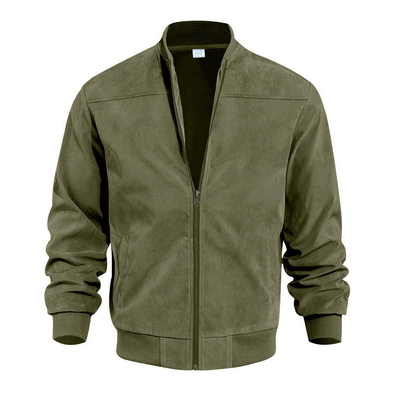 Men's Suede Bomber Jacket Zip Up Stand Collar Casual Lightweight Outerwear