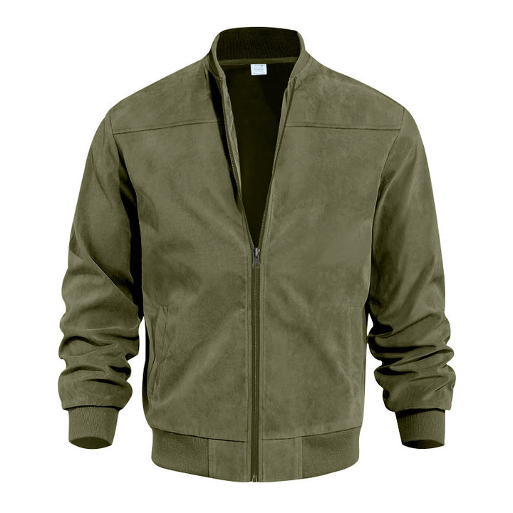Men's Suede Bomber Jacket Zip Up Stand Collar Casual Lightweight Outerwear