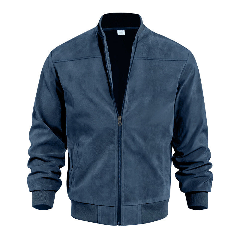 Men's Suede Bomber Jacket Zip Up Stand Collar Casual Lightweight Outerwear