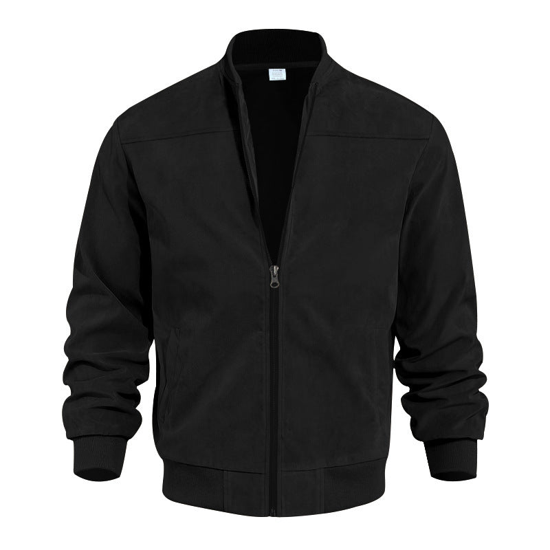 Men's Suede Bomber Jacket Zip Up Stand Collar Casual Lightweight Outerwear