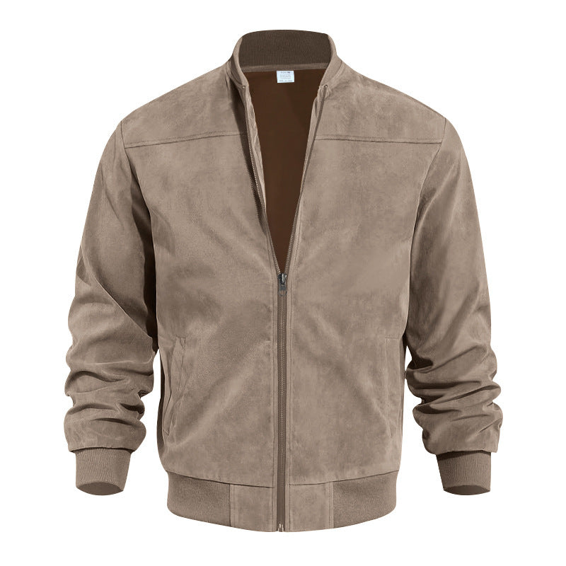 Men's Suede Bomber Jacket Zip Up Stand Collar Casual Lightweight Outerwear