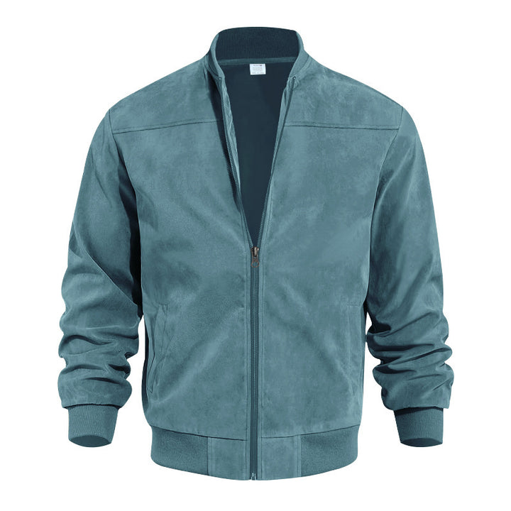 Men's Suede Bomber Jacket Zip Up Stand Collar Casual Lightweight Outerwear