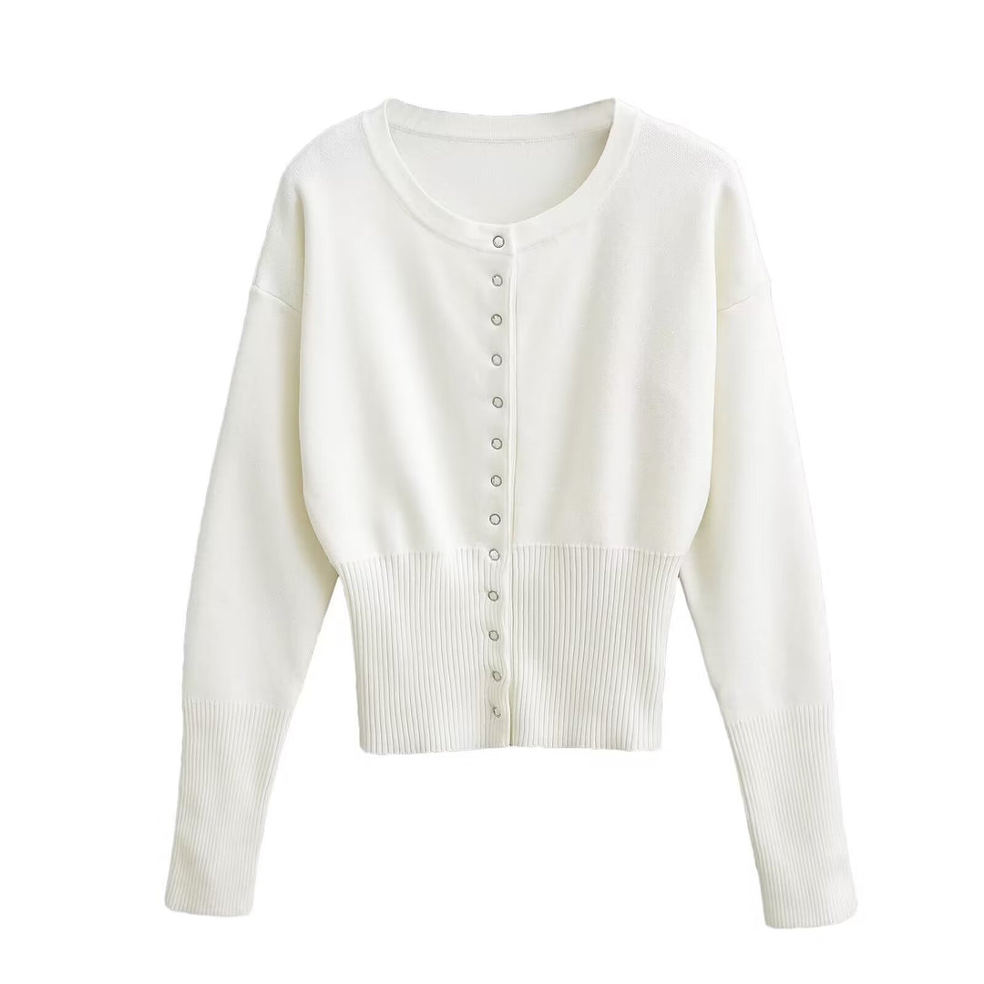 Round-Neck Single-Breasted Knit Sweater
