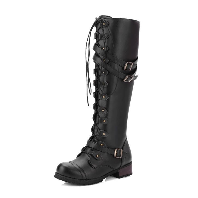 Round Toe Buckle Flat Boots
