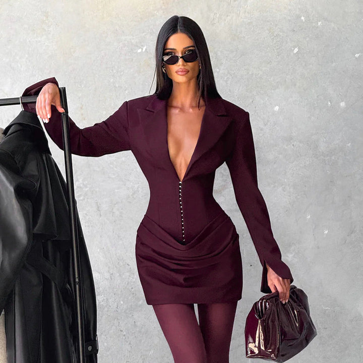 Deep V-Lapel Pleated Dress