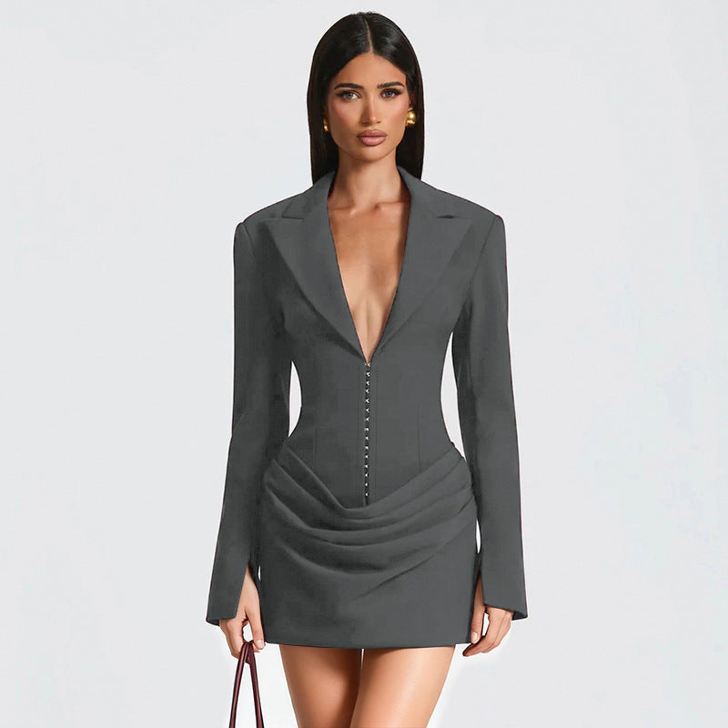 Deep V-Lapel Pleated Dress
