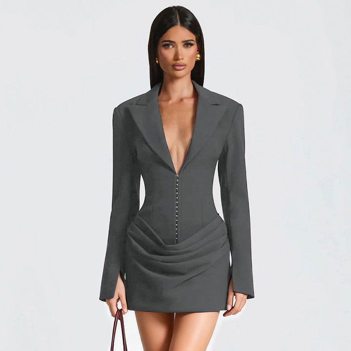 Deep V-Lapel Pleated Dress