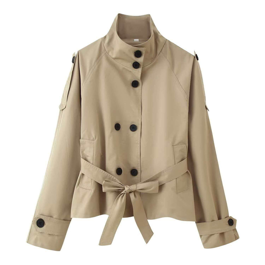 Double-Breasted Lace-Up Long-Sleeve Trench Coat