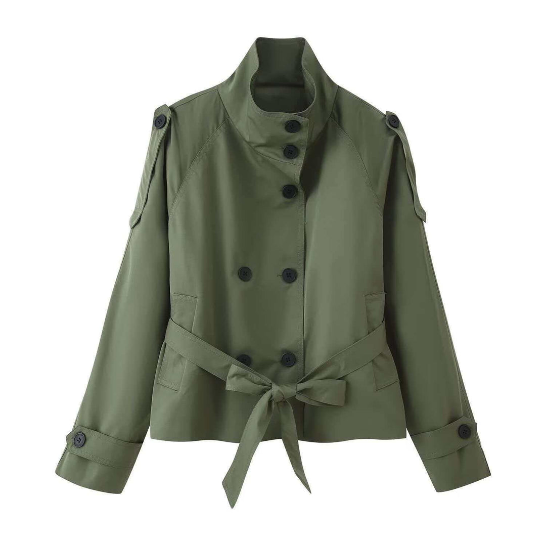 Double-Breasted Lace-Up Long-Sleeve Trench Coat