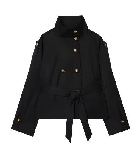 Double-Breasted Lace-Up Long-Sleeve Trench Coat