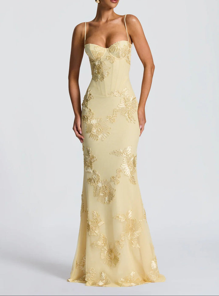 Women's Embroidered Corset Bodice Spaghetti Strap Mermaid Maxi Dress