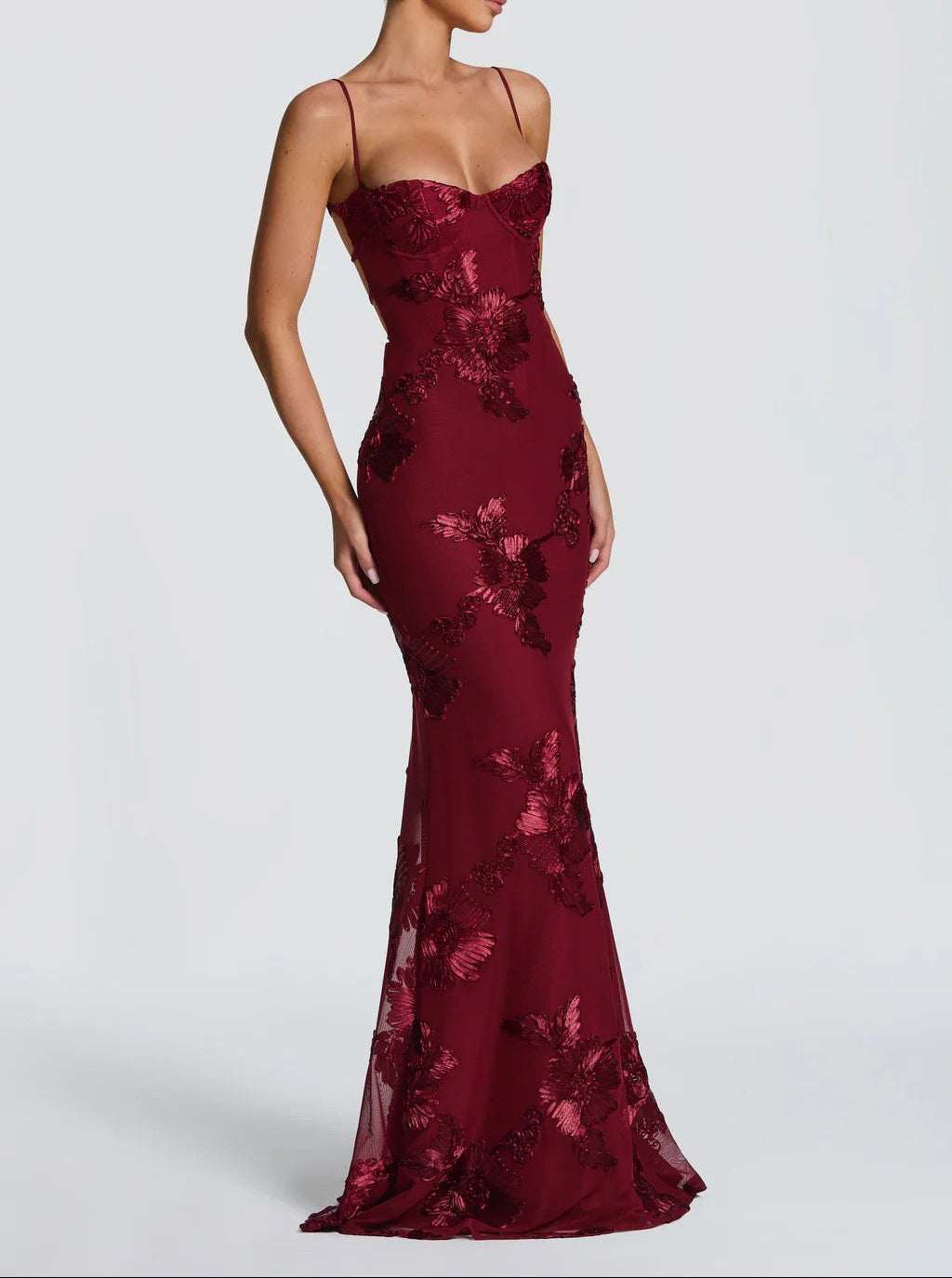 Women's Embroidered Corset Bodice Spaghetti Strap Mermaid Maxi Dress