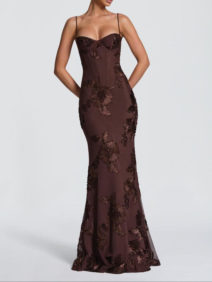 Women's Embroidered Corset Bodice Spaghetti Strap Mermaid Maxi Dress