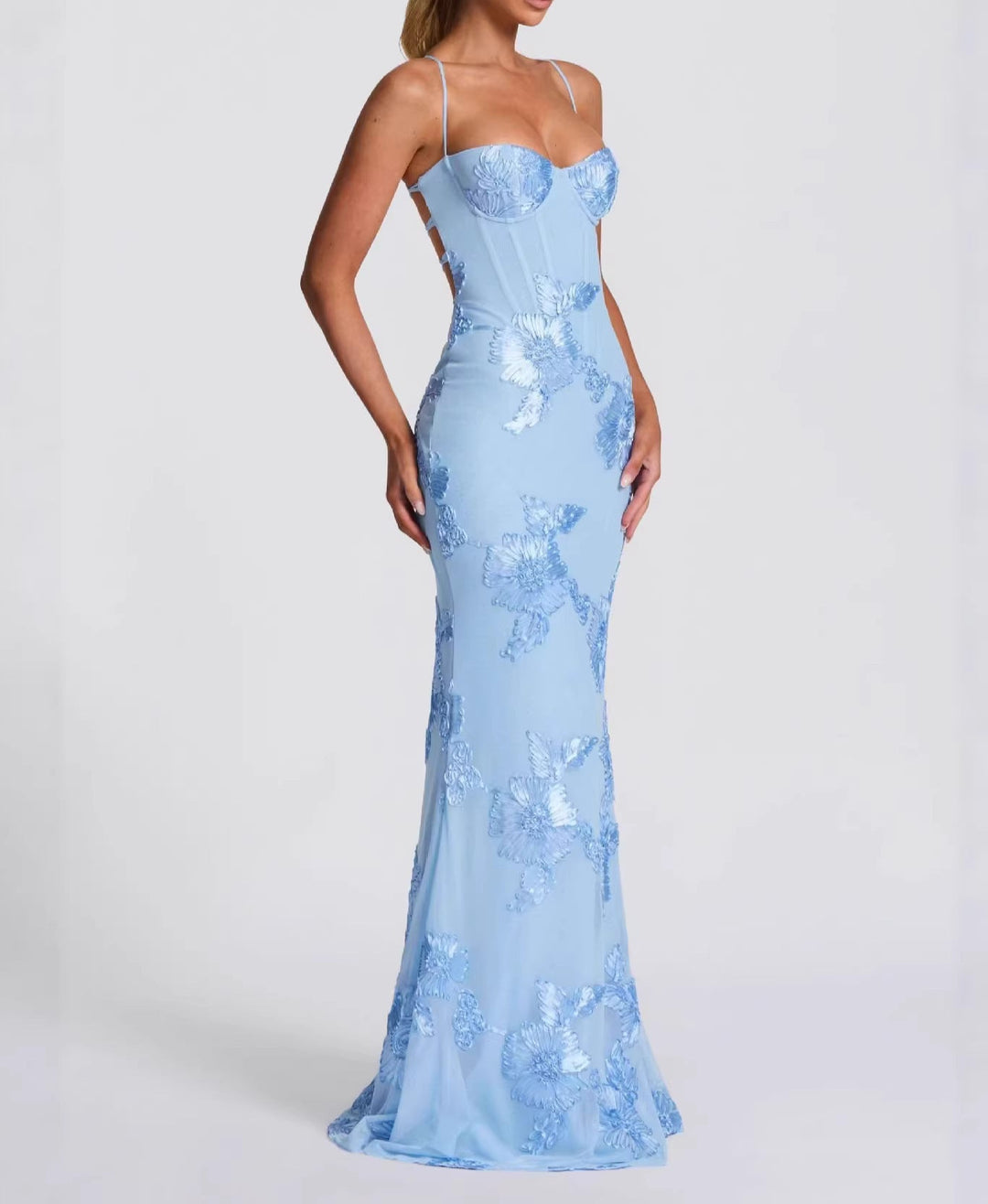 Women's Embroidered Corset Bodice Spaghetti Strap Mermaid Maxi Dress