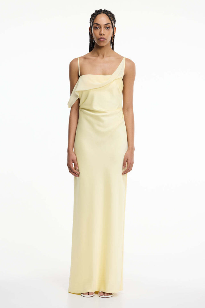 Women's Satin Asymmetric Ruffle Slip Maxi Dress