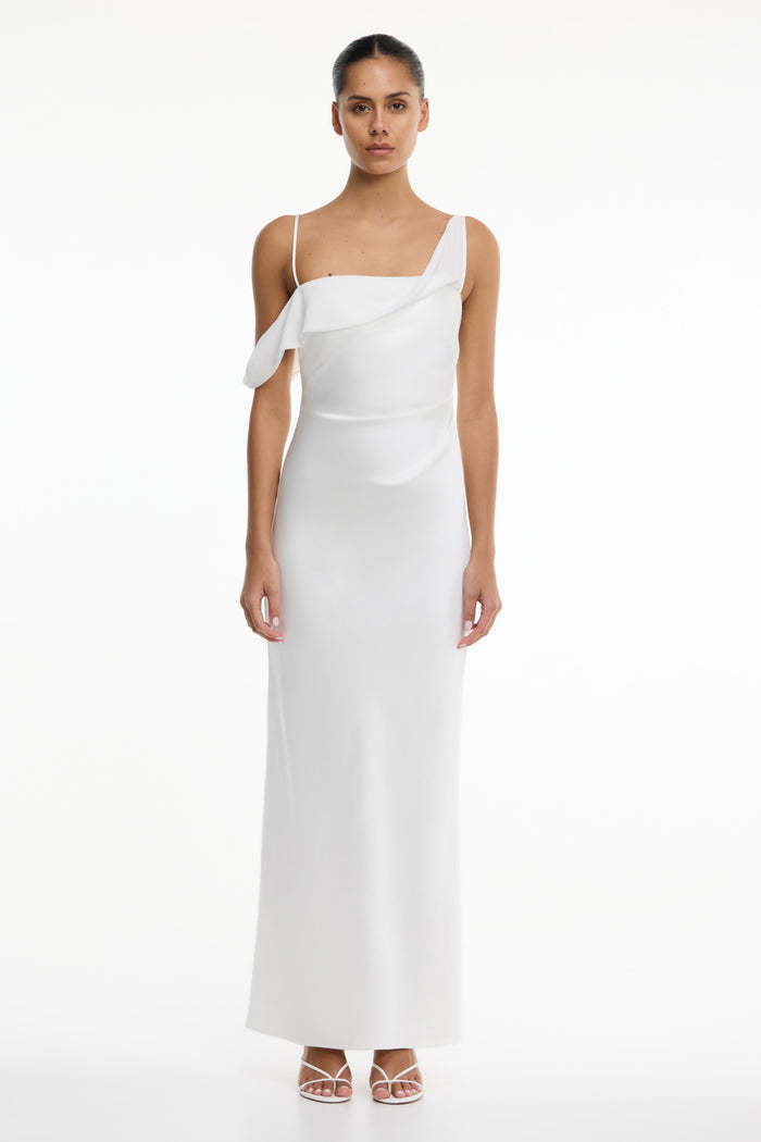 Women's Satin Asymmetric Ruffle Slip Maxi Dress