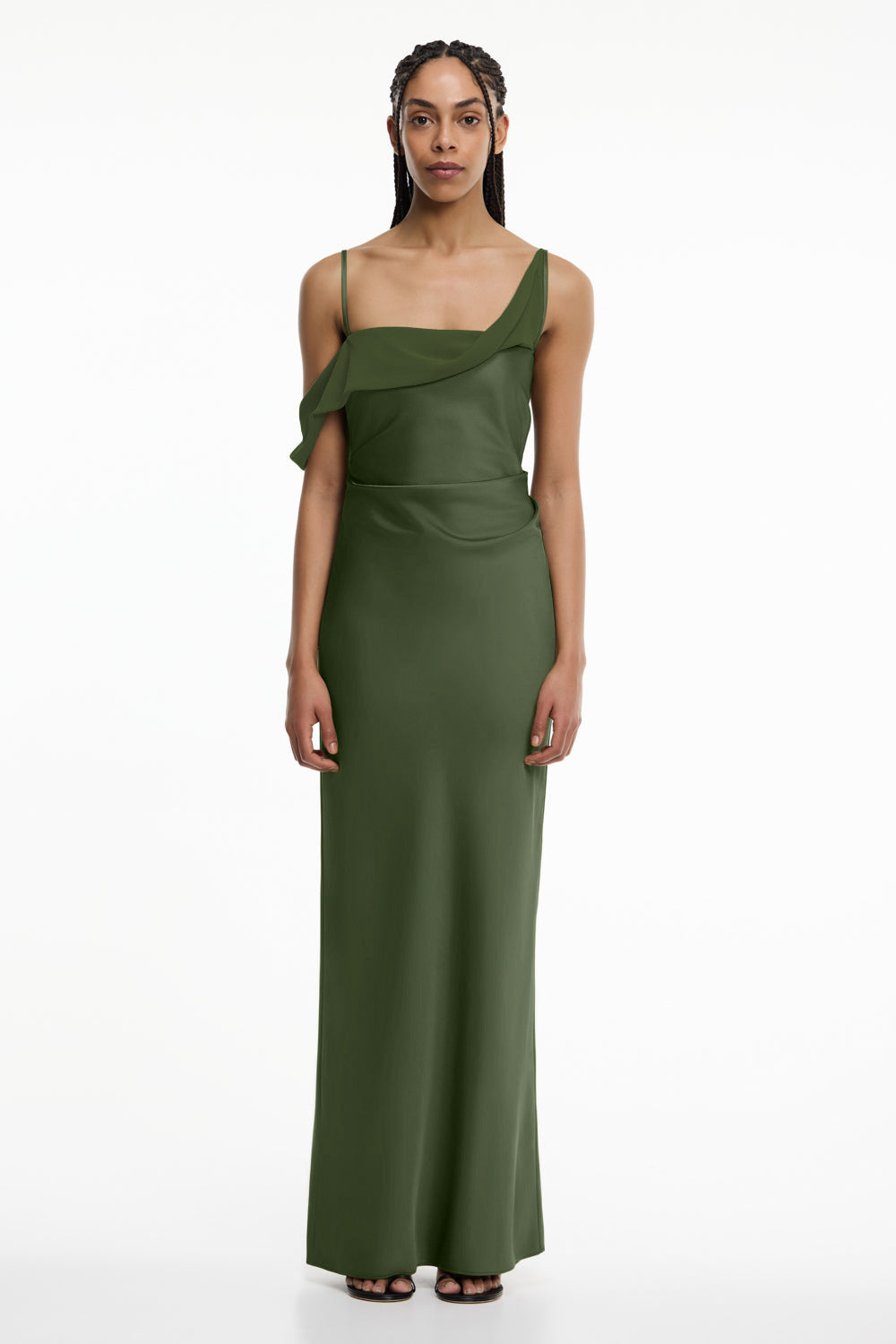 Women's Satin Asymmetric Ruffle Slip Maxi Dress