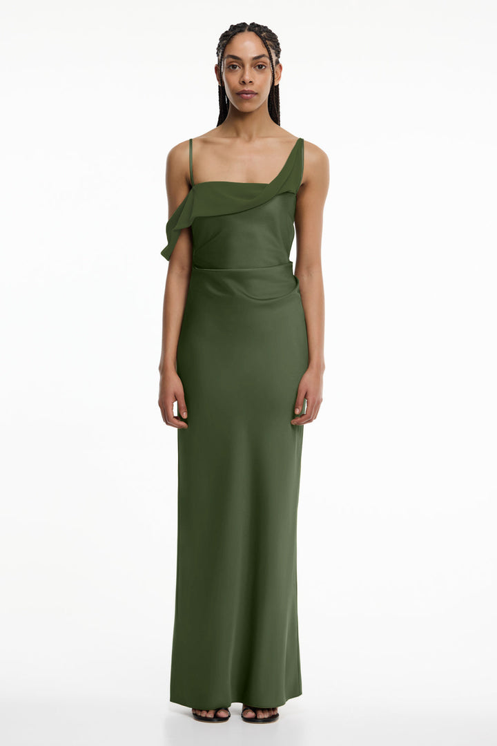 Women's Satin Asymmetric Ruffle Slip Maxi Dress