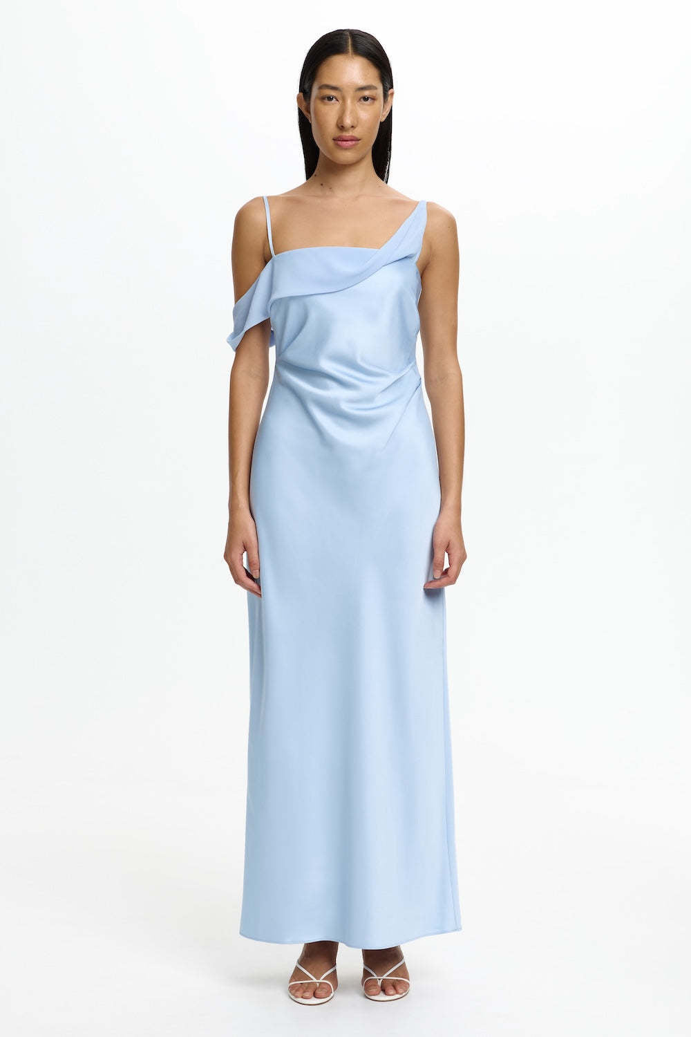 Women's Satin Asymmetric Ruffle Slip Maxi Dress
