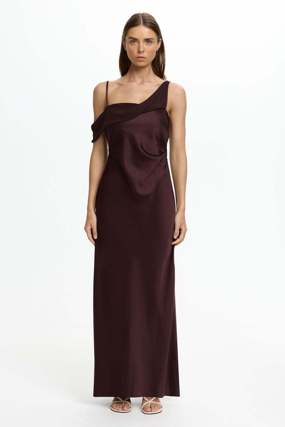 Women's Satin Asymmetric Ruffle Slip Maxi Dress