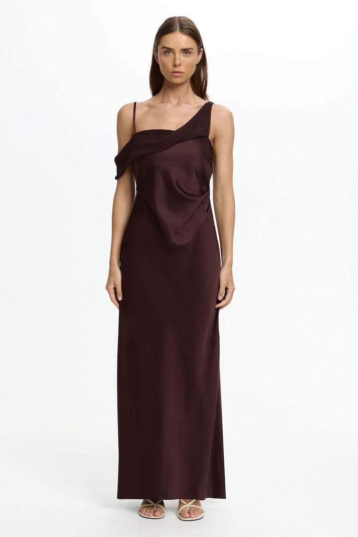 Women's Satin Asymmetric Ruffle Slip Maxi Dress