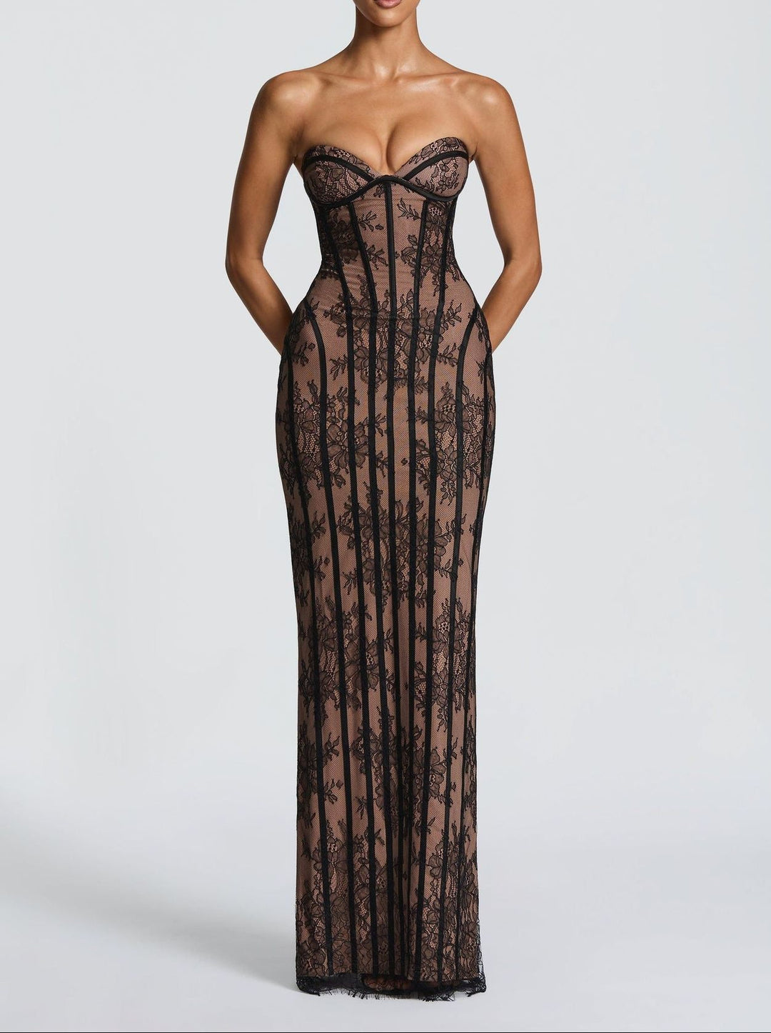 Women's Strapless Lace Corset Bodycon Maxi Dress
