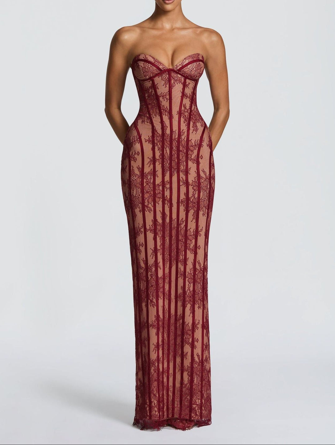 Women's Strapless Lace Corset Bodycon Maxi Dress