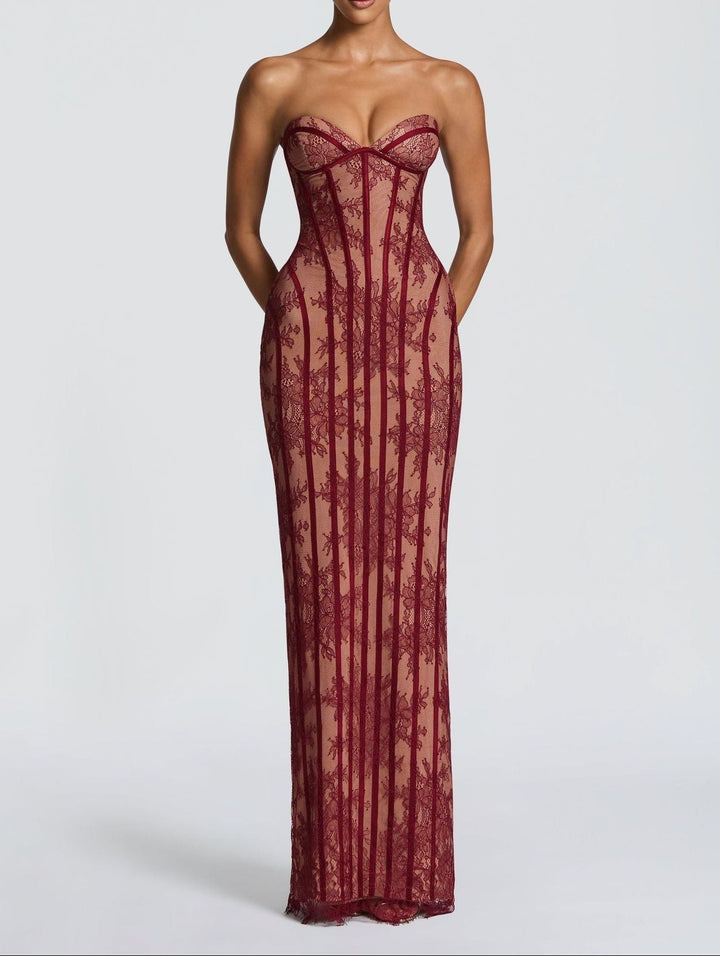 Women's Strapless Lace Corset Bodycon Maxi Dress