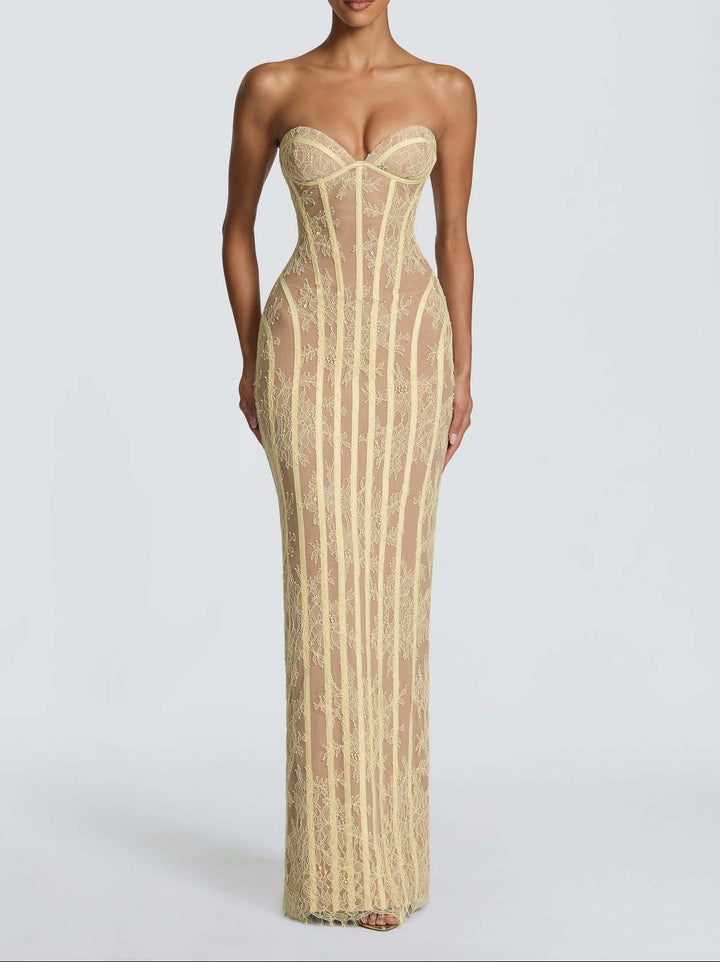 Women's Strapless Lace Corset Bodycon Maxi Dress
