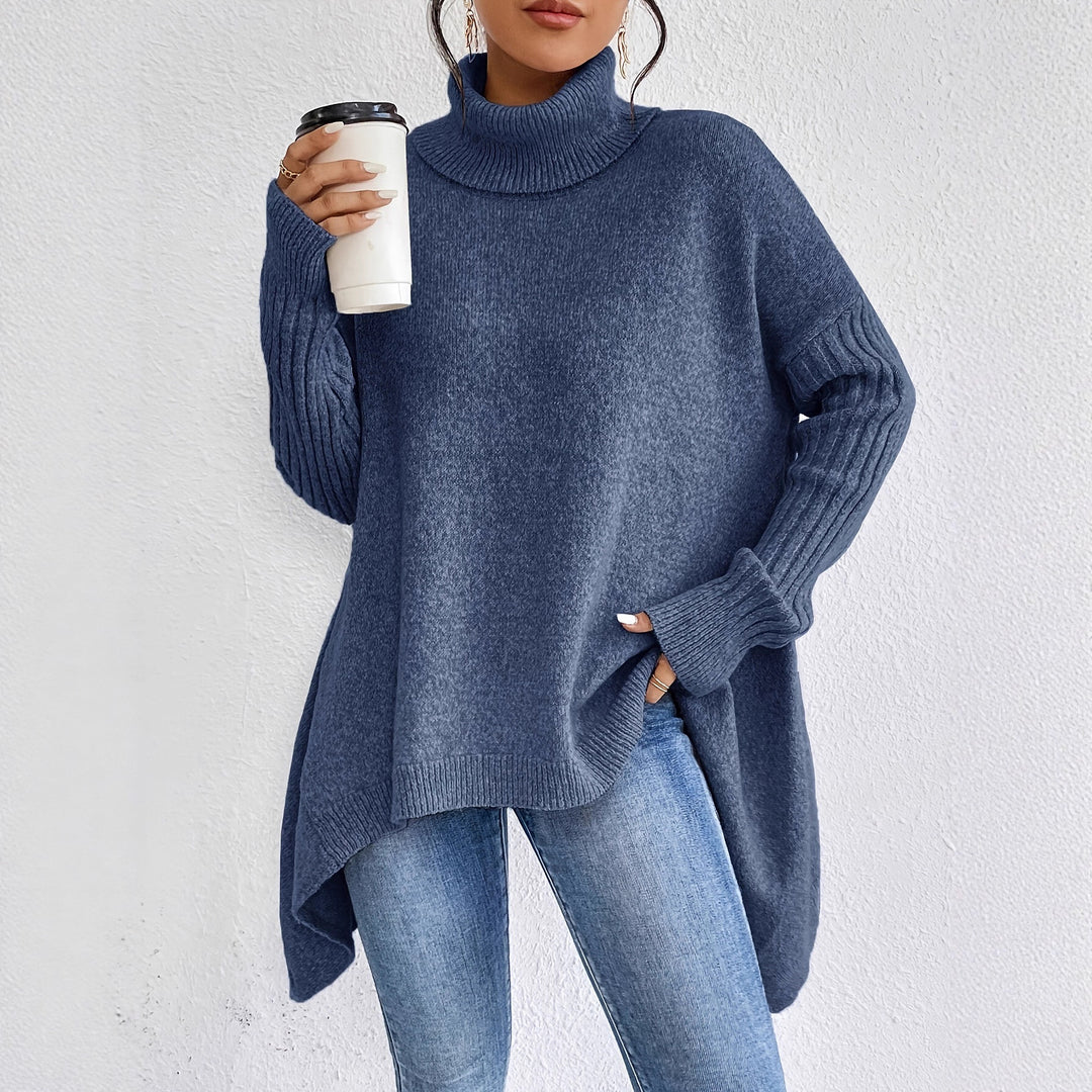 Women's Turtleneck – Oversized High-Low Knit Sweater with Side Slits