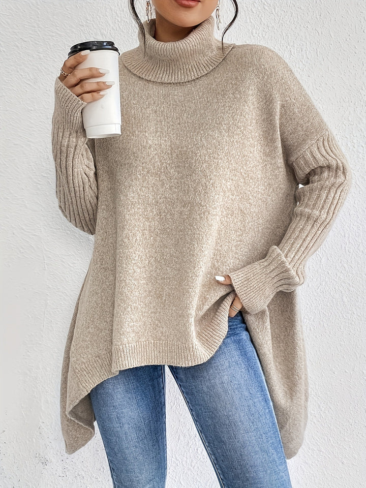 Women's Turtleneck – Oversized High-Low Knit Sweater with Side Slits