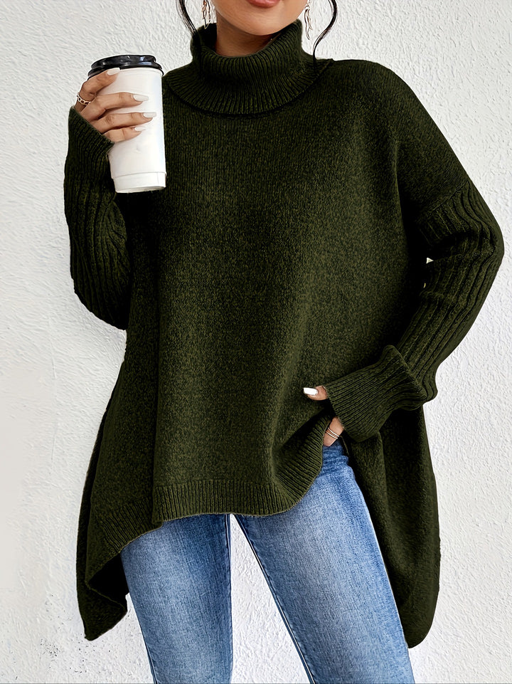 Women's Turtleneck – Oversized High-Low Knit Sweater with Side Slits