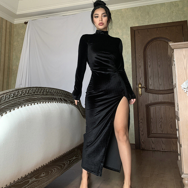 Women's Long Sleeve Mock Neck Velvet Maxi Dress with Thigh Slit