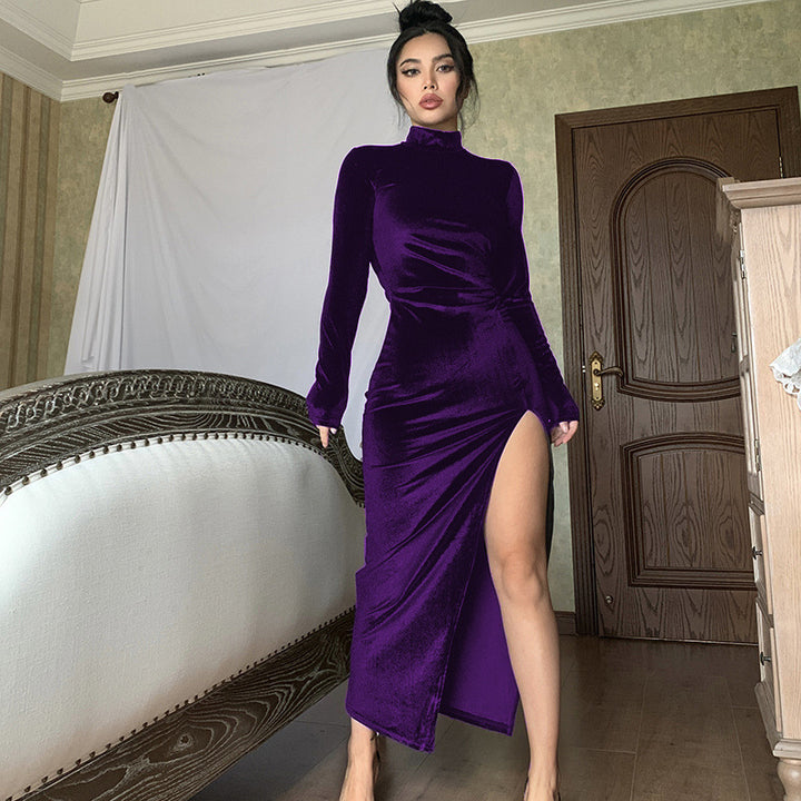 Women's Long Sleeve Mock Neck Velvet Maxi Dress with Thigh Slit