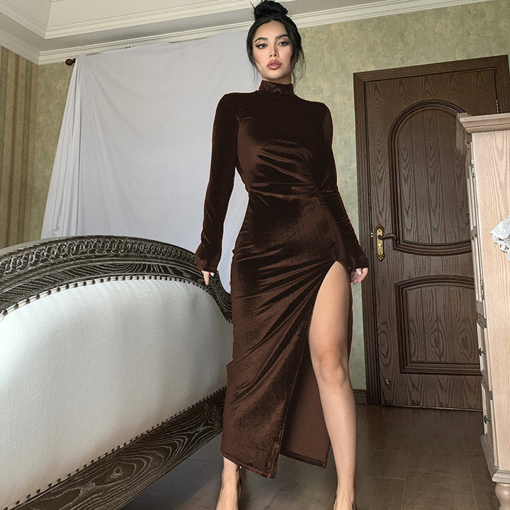 Women's Long Sleeve Mock Neck Velvet Maxi Dress with Thigh Slit