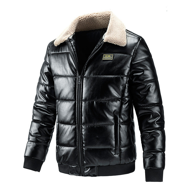 Sherpa Collar Padded Faux Leather Jacket