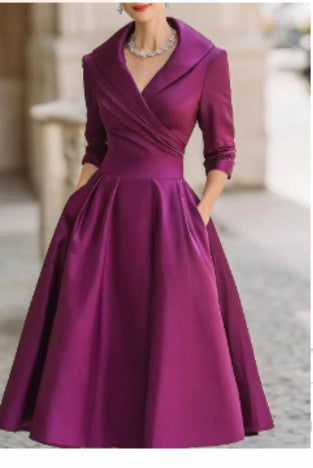 Women's Satin A-Line Midi Dress 3/4 Sleeve Wrap V-Neck Formal Swing Dress