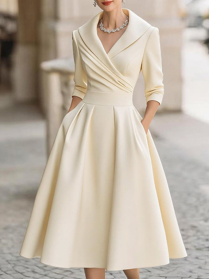 Women's Satin A-Line Midi Dress 3/4 Sleeve Wrap V-Neck Formal Swing Dress