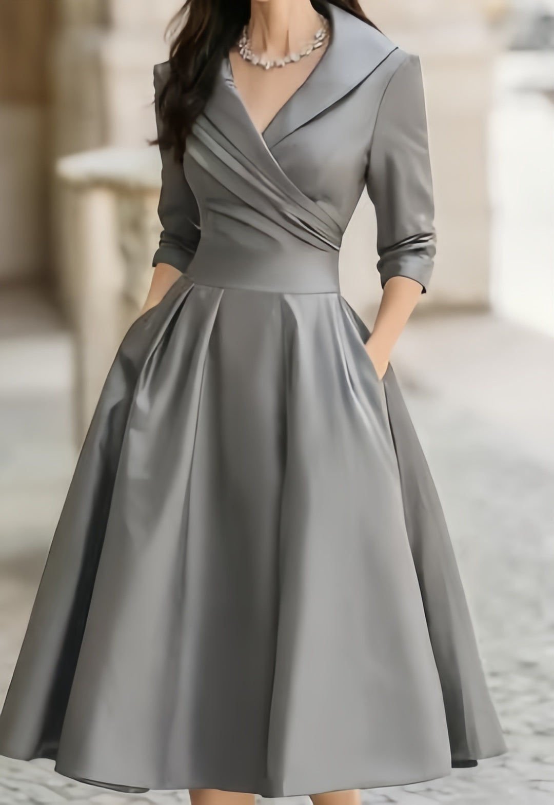 Women's Satin A-Line Midi Dress 3/4 Sleeve Wrap V-Neck Formal Swing Dress