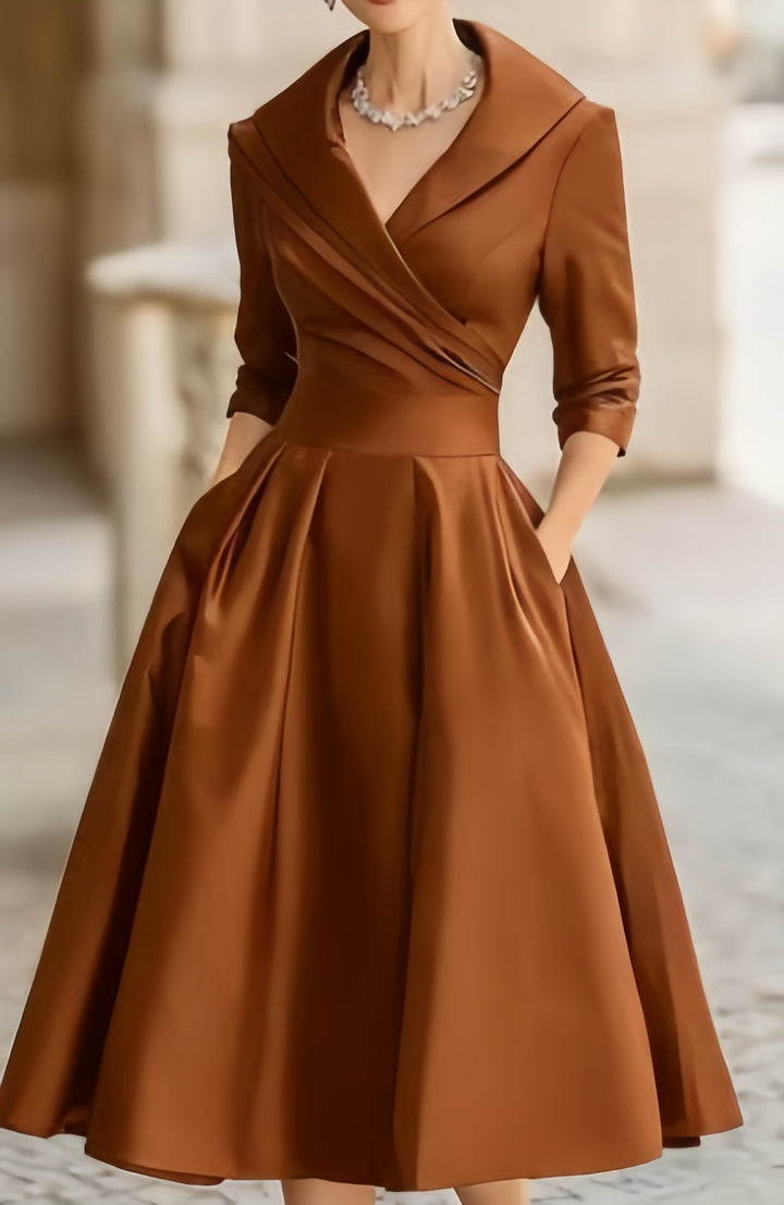 Women's Satin A-Line Midi Dress 3/4 Sleeve Wrap V-Neck Formal Swing Dress